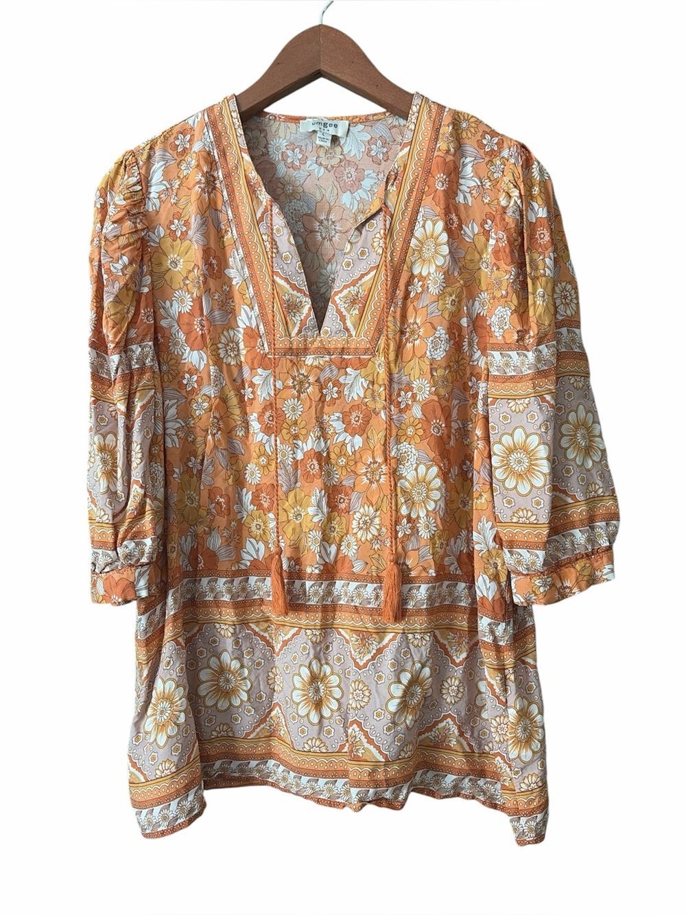 Umgee Orange Floral V-Neck Boho Tassels Blouse Top Sz L